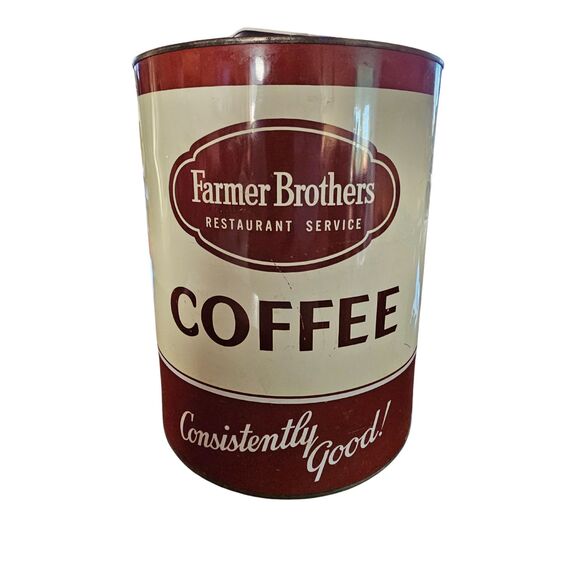 Lg Vintage Farmer Brothers Restaurant Service Coffee Tin w Lid 10" tall 8" Dia. - Picture 1 of 7